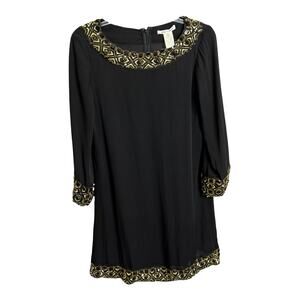 Alice + Olivia Women's A-Line Dress Black Silk W/ Gold Sequins Puff Sleeve Sz S